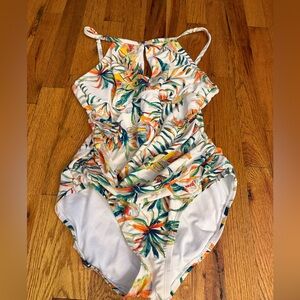 Ellen Tracy Maternity White and Orange Floral Swimsuit